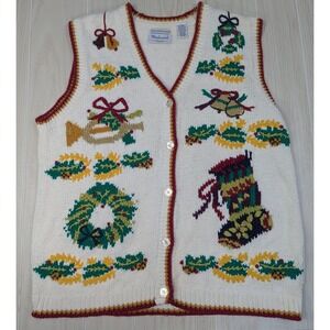 Westbound Casual Women's XL White Christmas Sweater Vest wreath trumpet stocking